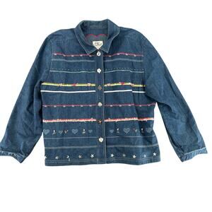 Vintage 90s Koret City Blue Denim Shirt Jacket Patches Embroidered XL Cottage